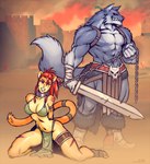 anthro bdsm bondage bound breasts duo female forced harem_outfit male male/female prisoner slave violence warrior luigiix canid canine canis felid humanoid lion mammal pantherine wolf hi_res