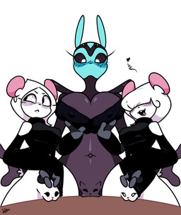 antennae_(anatomy) anthro areola areola_slip aroused big_breasts biped black_body blue_face blush blush_lines bottomless bottomless_female breast_grab breasts cleavage cleavage_overflow clothed clothing clothing_aside eyelashes female genitals group hair hair_over_eyes hand_on_breast holding_breast leotard leotard_aside long_eyelashes looking_aside looking_down medium_breasts navel open_mouth seductive trio vulva vulva_on_table vulva_squish white_body leyla0223 pussy-cat_(meme) b-2_(mrjestereyes) d-2_(mrjestereyes) px_0-25 alien alien_humanoid humanoid mammal mouse murid murine rodent 2026 sibling_(lore) sister_(lore) sisters_(lore) twins_(lore)