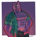 abs anthro biceps big_muscles bottomwear chest_tuft clothed clothing fangs fur male male_anthro muscular muscular_anthro muscular_male navel nipples open_clothing open_shirt open_topwear pants pecs plaid purple_body purple_fur purple_nipples shirt smile solo standing teeth topwear tuft yellow_sclera kalchivo cartoon_network mythology ok_k.o.!_let's_be_heroes bernard_(ok_k.o.!_lbh) canid canine canis mammal mythological_canine mythological_creature werecanid werecanine werecreature werewolf wolf 1:1 2017 hi_res