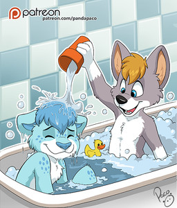 anthro bathing bathtub blonde_hair blue_body blue_eyes blue_fur blue_hair chest_tuft closed_smile duo eyes_closed fur grey_body grey_fur hair happy inside logo male mouth_closed nude open_mouth open_smile partially_submerged playful short_hair smile tuft water white_body white_fur young young_anthro young_male pandapaco canid canine felid mammal artist_logo signature
