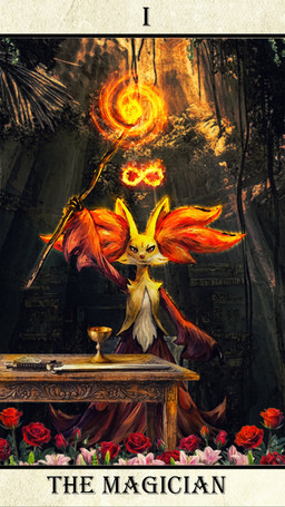 ambiguous_gender anthro card container cup flower fur goblet holding_object infinity_symbol inner_ear_fluff lily_(flower) looking_at_viewer magic_user major_arcana melee_weapon multicolored_body orange_body orange_eyes orange_fur plant red_body red_fur rose_(flower) solo staff sword symbol tarot tarot_card text the_magician_(tarot) tuft vines weapon white_body white_fur yellow_body yellow_fur renge nintendo pokemon canid canine delphox generation_6_pokemon mammal pokemon_(species) 2026 9:16 english_text hi_res