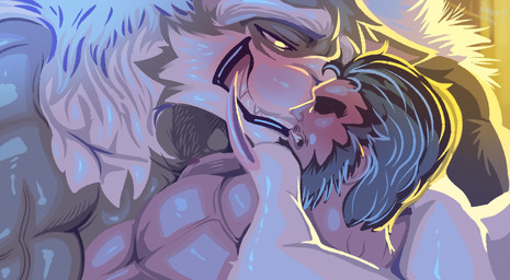 angry anthro barazoku beard blush canon_x_oc claws duo facial_hair fangs finger_claws forced fur hair hairy helpless holding_head hug hugging_another looking_at_another looking_pleasured male male/male mature_anthro multicolored_body multicolored_fur muscular muscular_anthro muscular_male possessive smile smiling_at_another smiling_at_partner teeth two_tone_body two_tone_fur pinumontbalou capcom darkstalkers mythology jon_talbain canid canine human mammal mythological_canine mythological_creature werecanid werecanine werecreature werewolf hi_res lineless
