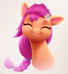 accessory braided_hair dipstick_ears ear_markings eyebrows eyes_closed female feral flower flower_in_hair hair hair_accessory happy multicolored_ears orange_body pink_hair plant simple_background smile solo white_background luminousdazzle hasbro mlp_g5 my_little_pony sunny_starscout_(mlp) earth_pony equid equine horse mammal pony 2022 bust_portrait digital_media_(artwork) hi_res portrait