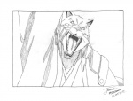 anthro border male shinigami_uniform simple_background white_border maxime-jeanne bleach_(series) sajin_komamura canid canine canis mammal wolf 2012 hatching_(art) hi_res monochrome shaded signature traditional_media_(artwork)