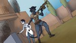 armor black_body black_fur black_hair clothed clothing duo female fur hair holding_object holding_weapon light_machine_gun m249 male military outside rescue smoke weapon white_body white_fur yellow_eyes carrioncat domestic_cat felid feline felis mammal murid murine rat rodent hi_res