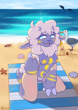 anthro beach blue_eyes breasts cloud day detailed_background ear_piercing ear_tag eyebrows eyeliner female fur fur_markings genitals gesture hair hand_gesture hand_on_ground hooves horn kneeling long_hair makeup markings middle_finger neck_tuft nipples nude on_ground piercing pubes public purple_body purple_fur raised_tail sand sand_castle sculpture sea seashell shell smile smug solo solo_focus tail tan_body tan_fur teeth thick_thighs tongue tuft vulva water wool_(fur) yellow_body yellow_fur paul_0w0 una_the_moon_sheep aquatic avian bird bovid caprine cetacean dolphin gull lari larid mammal sheep toothed_whale absurd_res hi_res shaded