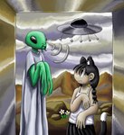 ambiguous_gender black_bottomwear black_clothing black_eyes black_hair black_skirt bottomwear braided_hair clothing cloud duo female flower flying_saucer hair long_fingers long_hair mountain no_pupils plant pleated_skirt robe robe_only rock size_difference skirt sky ufo wavy_mouth mimill3 alien animal_humanoid arthropod cat_humanoid felid felid_humanoid feline feline_humanoid humanoid insect mammal mammal_humanoid mantis hi_res