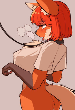 anthro big_breasts blush bottomless bottomless_anthro bottomless_female breasts butt clothed clothing collar cute_fangs fangs female female_anthro fur hair kemono leash nipple_outline open_mouth solo tail teeth tongue tongue_out yellowparrottw lang_(yellowparrottw) canid canine mammal maned_wolf 2024 absurd_res digital_media_(artwork) hi_res