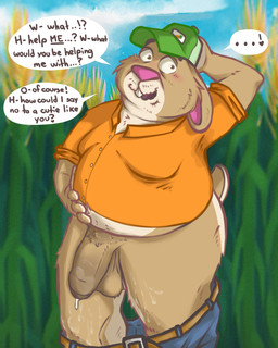anthro balls belly big_balls big_belly big_penis blush bodily_fluids bottomwear bottomwear_down brown_body brown_fur clothed clothing cum cum_drip cum_string dialogue dripping foreskin fur genital_fluids genitals half-erect holding_belly humanoid_genitalia humanoid_penis looking_at_viewer male mature_male multicolored_body overweight overweight_male pants pants_down partially_clothed partially_retracted_foreskin penis smile smiling_at_viewer solo sweat text two_tone_body silbad disney zootopia stu_hopps lagomorph leporid mammal rabbit 2022 4:5 absurd_res english_text hi_res