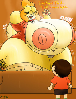 anthro bell bell_collar belly big_belly big_breasts bodily_fluids breasts buckteeth camel_toe clothed clothing collar dialogue female gesture glistening glistening_body huge_breasts hyper hyper_breasts larger_female male obese obese_female open_clothing open_topwear overweight overweight_female sagging_pants size_difference slosh sloshing_breasts smaller_male smile smiling_at_another solo sweat sweaty_body sweaty_breasts sweaty_face sweaty_legs sweaty_thighs tail tail_motion tailwag talking_to_another teeth thick_thighs topwear waving wide_hips m4n animal_crossing nintendo isabelle_(animal_crossing) villager_(animal_crossing) canid canine human humanoid mammal absurd_res hi_res