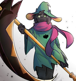 black_body black_fur clothing eyewear fangs fur glasses male melee_weapon polearm raised_arm robe scarf scythe simple_background solo teeth weapon dl_dotdot deltarune undertale_(series) ralsei bovid caprine darkner goat mammal 2018 digital_media_(artwork)
