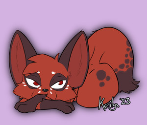 big_ears feral fur leg_markings loaf lying male markings mottled on_front red_body red_eyes red_fur simple_background socks_(marking) solo kerilyn nintendo pokemon reynard_(kerilyn) generation_8_pokemon nickit pokemon_(species) 2023 signature