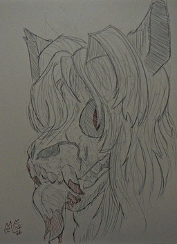 anthro bangs blood blood_in_mouth bodily_fluids bone fangs female hair messy_hair red_eyes skeleton solo teeth tongue tongue_out mayceebear canid canine malo mammal absurd_res hi_res traditional_media_(artwork)