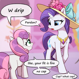 blue_eyes clothing cutie_mark dialogue duo eyebrows eyelashes eyeshadow female feral fur green_eyes hair hat headgear headwear hooves horn long_hair makeup multicolored_hair open_mouth pink_hair pink_tail purple_hair purple_tail quadruped slang tail talking_feral text tongue two_tone_hair two_tone_tail white_body white_fur rnghat friendship_is_magic hasbro my_little_pony mythology rarity_(mlp) sweetie_belle_(mlp) equid equine mammal mythological_creature mythological_equine unicorn 1:1 absurd_res english_text hi_res sibling_(lore) sister_(lore) sisters_(lore)