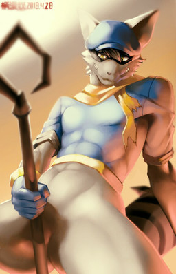 5_fingers abs anthro bedroom_eyes bottomless butt butt_from_the_front cane cheek_tuft clothed clothing facial_tuft featureless_crotch fingers fluffy fluffy_tail fur gloves gradient_background grey_body grey_fur half-closed_eyes half_naked handwear hat headgear headwear holding_object holding_staff holding_weapon humanoid_hands ineffective_clothing looking_at_self looking_down male muscular muscular_anthro muscular_male narrowed_eyes navel null pecs presenting scarf seductive shirt simple_background smile snout solo staff tail teeth tight_clothing topwear tuft weapon yellow_eyes garamando sly_cooper_(series) sony_corporation sony_interactive_entertainment sucker_punch_productions sly_cooper mammal procyonid raccoon 2018