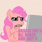 computer dialogue disgust electronics female feral frown fur hair pink_body pink_fur pink_hair purple_eyes simple_background solo text unknown_artist friendship_is_magic hasbro i_can't_fap_to_this my_little_pony pinkie_pie_(mlp) equid equine horse mammal pony 1:1 english_text low_res meme reaction_image