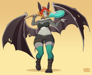 5_fingers anthro blue_eyes boots bottomwear bra breasts clothing electric_guitar eyebrows eyelashes female fingers fishnet_clothing fishnet_topwear footwear gradient_hair guitar hair legwear membrane_(anatomy) membranous_wings midriff musical_instrument navel plucked_string_instrument red_hair shoes short_hair shorts simple_background smile solo standing stockings string_instrument thick_thighs topwear underwear wings charmrage talia_(specter01) bat mammal 2020 digital_media_(artwork)