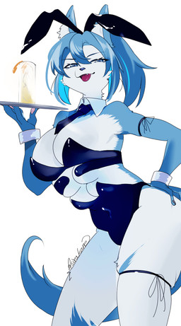 anthro blue_body blue_fur blue_hair breasts bunny_costume clothing container costume cup drinking_glass female fur glass glass_container glass_cup hair multi_breast multicolored_body multicolored_fur open_mouth simple_background solo standing white_body white_fur sirakane canid canine mammal
