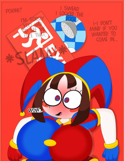 4_fingers big_breasts blush breast_jiggle breasts checkered checkered_wall closing_door dialogue door ellipsis female fingers flustered jiggling motion_lines nervous nervous_smile not_furry offscreen_character onomatopoeia shower_head slam solo sound_effects speech_bubble text tile tile_wall wall_(structure) 3barts glitch_productions the_amazing_digital_circus pomni_(tadc) ragatha_(tadc) humanoid hi_res