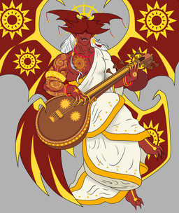 4_wings bat_ears bat_wings beads bell bracelet ear_piercing ear_ring gold_(metal) hair jewelry male membrane_(anatomy) membranous_wings multi_wing muscular musical_instrument piercing prayer_beads red_body ring ring_piercing rosary solo sun_symbol tassels tattoo white_hair wings rub_lug daeva humanoid absurd_res hi_res