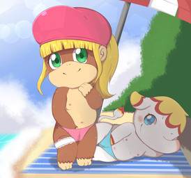anthro beach blonde_hair brown_body brown_fur clothed clothing day duo female fur garter_straps green_eyes grey_body grey_skin hair masturbation orgasm seaside sex_toy tan_body tan_fur topless vaginal vaginal_masturbation vibrator young young_anthro anonymous_artist animal_crossing donkey_kong_(series) nintendo dixie_kong margie_(animal_crossing) ape elephant elephantid haplorhine kong mammal monkey pan_(genus) primate proboscidean hi_res