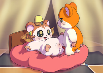 bed blush curtains duo ear_piercing ear_ring female feral furniture genitals happy headgear lying lying_on_bed male male/female on_bed penis piercing ring_piercing standing veil vulva minum hamtaro_(series) hamtaro princess_cye-ra_(hamtaro) cricetid hamster mammal rodent absurd_res hi_res