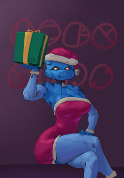 breasts christmas_clothing christmas_headwear cleavage clothed clothing commentary dress english_commentary female gift hat headgear headwear holidays invisible_chair looking_at_viewer machine medium_breasts orange_eyes red_background red_clothing red_dress red_hat red_headwear santa_hat simple_background sitting solo text neoruke bionicle christmas lego gali humanoid robot robot_humanoid absurd_res artist_name hi_res