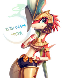 3_fingers anthro arm_wraps armband armlet armor arms_bent biped blue_eyes breasts claws closed_smile clothed clothed_anthro clothed_female clothing ear_piercing ear_ring egyptian egyptian_clothing egyptian_headdress eye_markings eyelashes female female_anthro finger_claws fingers fully_clothed fully_clothed_anthro fully_clothed_female hand_on_hip headgear headwear jewelry legwear looking_at_viewer markings melee_weapon midriff mouth_closed multicolored_body multicolored_skin necklace nemes_(clothing) piercing polearm pose raised_tail red_body red_skin ring_piercing small_breasts smile smiling_at_viewer solo spear standing tail tan_body tan_skin text two_tone_body two_tone_skin usekh weapon weapon_on_back wraps gonzarez1938 ever_oasis nintendo miura drauk scalie 2017 character_name colored digital_media_(artwork) english_text portrait shaded three-quarter_portrait unavailable_at_source