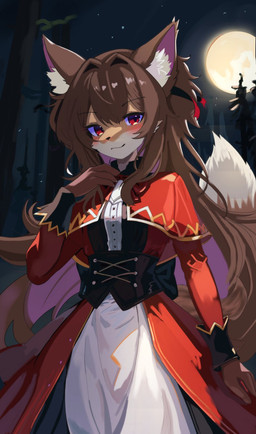 anthro breasts brown_body brown_fur brown_hair closed_smile clothed clothing dipstick_tail dress female forest front_view fully_clothed fur hair inner_ear_fluff looking_at_viewer markings moon mouth_closed night outside plant red_clothing red_dress red_eyes small_breasts smile solo standing tail tail_markings tree tuft kemo_yuki canid canine fox mammal hi_res