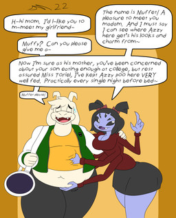 belly belly_grab belly_squeeze big_belly big_breasts big_butt breasts butt clothed clothing dialogue duo exposed_belly feederism feeding female flustered hand_on_belly hanging_belly horn huge_belly male moobs overweight overweight_male raised_clothing raised_shirt raised_topwear shirt speech_bubble stuffing teasing text tight_clothing topwear weight_gain mac-daddy deltarune undertale undertale_(series) asriel_dreemurr muffet arachnid arthropod boss_monster_(undertale) bovid caprine goat mammal monster spider absurd_res comic english_text hi_res