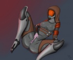 breasts butt clothing female genitals lying mask not_furry on_back presenting presenting_pussy pussy simple_background solo spread_legs spreading suit wet darkdragoon bioware electronic_arts mass_effect alien alien_humanoid humanoid quarian