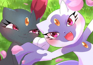 ambiguous_gender anthro claws duo eyelashes fangs finger_claws grass grey_body looking_at_viewer lying on_back open_mouth petals pink_eyes plant purple_body tail teeth tongue tsuku_neee nintendo pokemon generation_2_pokemon generation_8_pokemon hisuian_form hisuian_sneasel pokemon_(species) regional_form_(pokemon) sneasel 2026 hi_res signature