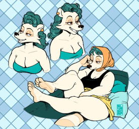 4_toes anthro barefoot black_clothing black_shirt black_tank_top black_topwear blue_background bottomwear breasts cleavage clothed clothing feet female fur hair headscarf mature_anthro mature_female pattern_background pillow plaid plaid_background shirt simple_background sitting skirt soles solo tank_top teal_hair thick_thighs toes topwear turquoise_hair turquoise_pillow turquoise_sofa white_body white_fur yellow_bottomwear yellow_clothing yellow_skirt silverscarf rosie_(silverscarf) mammal procyonid raccoon 2022 hi_res