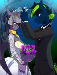 anthro bat_wings bride clothing collar dress duo female groom husband male married membrane_(anatomy) membranous_wings suit wedding wedding_dress wife wings spazzykoneko hasbro my_little_pony fan_character wallflower_(character) zanith_(oc) bat_pony equid equine horse mammal pony 2016 digital_media_(artwork) hi_res shaded