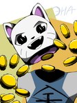 anthro clothed clothing coin fangs floating_hands floating_head gold_(metal) gold_coin male open_mouth pupils sharp_teeth simple_background slit_pupils smile solo teeth tongue whiskers draxolotl_team superstarik ena:_dream_bbq ena_(series) kane_(ena) felid feline felis living_coin mammal absurd_res digital_media_(artwork) hi_res