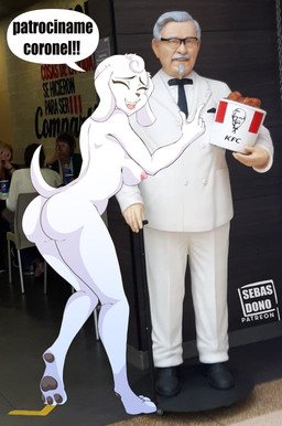 5_fingers anthro areola big_breasts big_butt breasts bubble_butt butt dialogue eyelashes eyes_closed female fingers floppy_ears fur hug long_ears nipples nude nude_anthro nude_female open_mouth open_smile pawpads photo_background sculpture short_tail smile solo statue tail text white_body white_fur sebasdono kfc vtuber 3huntle0 colonel_sanders canid canine canis domestic_dog mammal 2023 absurd_res artist_name digital_drawing_(artwork) digital_media_(artwork) hi_res photography_(artwork) spanish_text watermark
