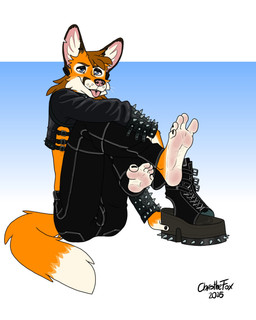 alternative_fashion anthro barefoot blue_eyes boots bottomwear bracelet brown_hair clothing ear_piercing ears_up feet foot_fetish foot_focus footwear fox_tail fur goth hair humanoid_feet jacket jewelry looking_at_viewer male orange_body orange_fur pants piercing plantigrade shoes sitting sitting_on_ground solo spiked_boots spiked_bracelet spiked_clothing spiked_footwear spikes tail teeth tongue tongue_out topwear white_body white_fur bartek22 chris_the_fox_(bartek22) canid canine fox mammal hi_res