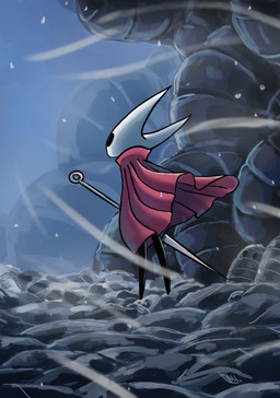 2_horns ambiguous_gender biped black_body black_eyes cloak clothed clothing empty_eyes horn melee_weapon red_cloak red_clothing solo standing weapon wind kumorage hollow_knight_(franchise) team_cherry hornet_(hollow_knight) arthropod absurd_res hi_res