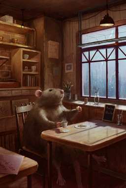 beverage biped chair coffee coffee_mug cookie detailed_background feral food furniture inside raining sitting solo nejumipro mammal murid murine rat rodent 2021 hi_res