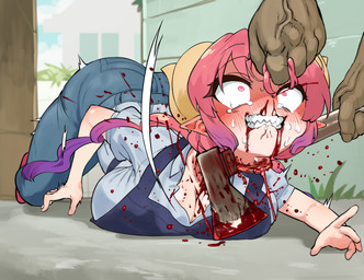 all_fours apron big_breasts blood blue_apron blue_clothing bodily_fluids bottomwear breasts cleavage clothed clothing crying curved_horn death decapitation denim denim_bottomwear denim_clothing dying female female_focus fence gore hair hair_grab horn huge_breasts humanoid_pointy_ears jeans light_body light_skin outside pants pink_hair pointy_ears sharp_teeth shirt snuff tears teeth topwear touching_hair white_clothing white_shirt white_topwear mayo_(artist) miss_kobayashi's_dragon_maid mythology ilulu animal_humanoid dragon dragon_humanoid horned_humanoid humanoid mythological_creature mythological_scalie scalie absurd_res digital_media_(artwork) hi_res