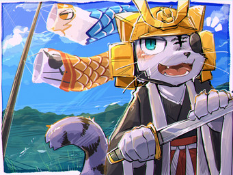 5_fingers anthro asian_clothing black_clothing black_eye_patch black_eyewear black_kimono blush border bottomwear claws clothing east_asian_clothing eye_patch eyewear fangs fingers flag fur green_eyes grey_body grey_fur happy holding_melee_weapon holding_object holding_sword holding_weapon japanese_clothing kimono male melee_weapon open_mouth outside pants red_bottomwear red_clothing red_pants sky solo sword tail teeth tongue weapon white_border young young_anthro young_male kemokemo02091 bemani children's_day_(japan) konami pop'n_music kagetora_(pop'n_music) felid mammal pantherine tiger 2025 4:3 absurd_res hi_res