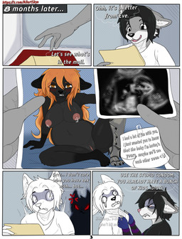 angry anthro areola black_body black_fur black_hair black_nose blush bodily_fluids dialogue duo female fur genitals grey_body grey_fur hair lactating male male/female metal nipples nude orange_eyes orange_hair pregnant pregnant_female tear_trough text vulva white_body white_fur allartskye evelyne_(allartskye) skye_(allartskye) canid canine canis domestic_cat felid feline felis jackal mammal wolf comic english_text hi_res url