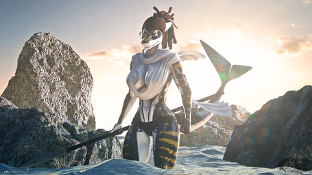 abs anthro big_breasts black_body breasts brown_hair clothed clothing dreadlocks eyewear female fully_clothed glasses hair light markings melee_weapon muscular muscular_anthro muscular_female non-mammal_hair polearm rock sea smile solo spear sunlight tattoo warrior water weapon white_body yellow_markings ludexus warfaremachine_(modeler) huntress_(ludexus) aquatic fish shark 16:9 3d_(artwork) 4k absurd_res digital_media_(artwork) hi_res source_filmmaker_(artwork) widescreen
