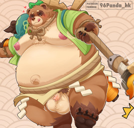 anthro balls belly big_belly blush bodily_fluids clothing genital_fluids genitals hat headgear headwear kemono larger_but_small leaf looking_at_viewer male micropenis moobs nipples overweight overweight_male penis precum small_penis solo tongue tongue_out 96panda blizzard_entertainment overwatch roadhog_(overwatch) tanuki_roadhog canid canine mammal raccoon_dog tanuki 2025 hi_res
