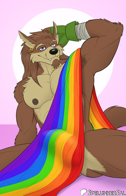anthro black_nose blind_eye blue_eyes brown_body brown_fur brown_hair bulge convenient_censorship detailed_bulge ear_piercing ear_ring eye_scar facial_scar fangs fur genital_outline gold_(metal) gold_tooth hair lgbt_pride male nipples nude nude_anthro nude_male penis_outline piercing pride_colors rainbow_flag rainbow_pride_flag rainbow_symbol ring_piercing scar smile solo teeth spelunker_sal canid canine canis coyote mammal hi_res