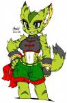 anthro bottomwear breasts clothed clothing dipstick_tail female fingerless_gloves fur gloves green_body green_eyes green_fur handwear markings midriff multicolored_tail open_mouth open_smile scarf shorts smile solo tail tail_markings zhengfox freedom_planet galaxytrail carol_tea felid feline felis mammal wildcat 2019 hi_res