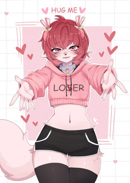 5_fingers anthro bangs black_bottomwear black_clothing black_legwear black_nose black_shorts black_stockings blue_collar bottomwear clothing collar cropped_hoodie dolphin_shorts ear_piercing eyelashes femboy fingers freckled_face freckled_legs freckled_thighs freckles front_view fur hair heart_symbol hoodie hotpants hug_request legwear looking_at_viewer male navel open_mouth piercing pink_body pink_clothing pink_eyes pink_fur pink_hair pink_hoodie pink_tail pink_topwear shorts solo stockings tail talking_to_viewer text thigh_highs topwear fernixsss felid feline mammal absurd_res colored digital_drawing_(artwork) digital_media_(artwork) english_text hi_res shaded