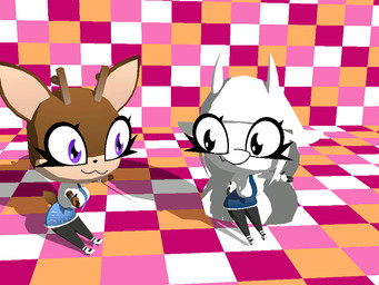 :3 absolute_territory accessory anthro antlers big_head black_clothing black_legwear black_stockings blue_bottomwear blue_clothing blue_necktie blue_skirt bottomwear brown_body brown_fur checkered checkered_floor checkered_wall chibi clothing dancing duo ear_piercing ear_ring eyelashes female footwear fur hair horn legwear lesbian_pride_colors lgbt_pride long_hair necktie owo piercing pride_colors purple_eyes ring_piercing school_uniform shadow shirt shoes silly skirt small_waist smile stockings thigh_highs topwear uniform white_body white_clothing white_fur white_hair white_shirt white_topwear wide_hips pinkmoth molly_(nelljoestar) winter_(nelljoestar) bovid caprine deer goat mammal 2026 3d_(artwork) 3d_animation animated digital_media_(artwork)