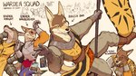 anthro armor banner card card_game chainmail clothed clothing dancing eyes_closed gameplay_mechanics gaming group humor looking_at_viewer male platemail pole pole_dancing pose scar simple_background smug text white_background dahecksajerry banners_of_ruin canid canine mammal english_text multiple_images