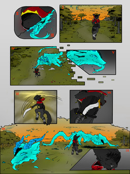 ambiguous_feral ambiguous_gender anthro big_claws blue_body blue_claws blue_eyes blue_tail blue_teeth blue_tongue claws clothed clothing cloud decapitation dripping duo dust feral fight fur glistening glistening_body grass green_background grey_background grey_body grey_fur hidden_face hood implied_fatal killing leg_wraps long_tail male melee_weapon motion_lines mountain orange_sky path plant rear_view scenery simple_background sky slime smile smirk sword t-pose tail teal_body teeth tongue tongue_out translucent translucent_body tree walking weapon wet wet_body wraps kemoniko54 european_mythology mythology dragon felid feline goo_creature mammal monster mythological_creature mythological_scalie scalie western_dragon wyvern comic hi_res multiple_scenes sequence shaded